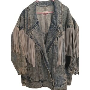 Vtg Rock Creek Acid Wash Denim Leather Fringe Western Jacket Oversize 80s 2XL?